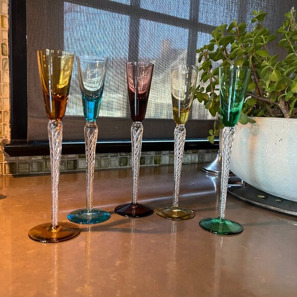 Stuart Lot 5 Long Stem Cordial Flute IONA AIR TRAP SPIRAL TWIST Colorful Crystal - Picture 8 of 16